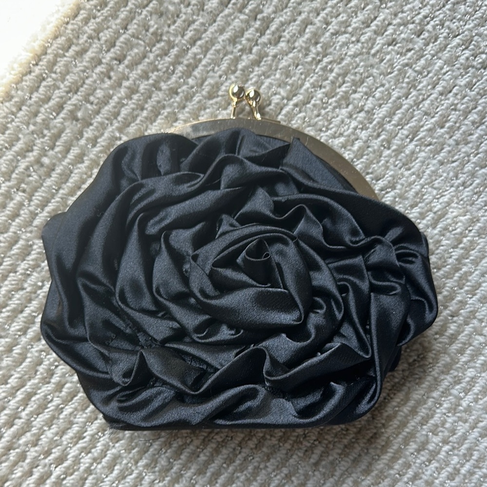 Vintage Black Satin Rose Clutch